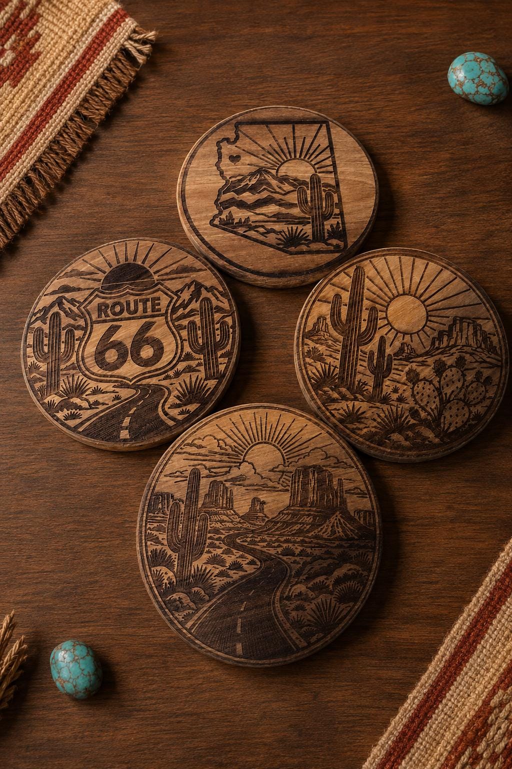 Desert Themed Engraved Wood Coasters 4" Round
